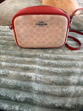 Coach Cream Signature Canvas Crossbody with Red Trim